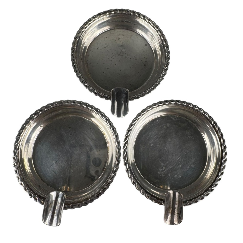 Vintage Silver Tone Round Rope Trim Individual Ashtrays‎ Set of 3 Single Rest
